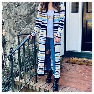 #09Boho Fabulous Long Line Knit Sweater Color blocked Striped Cardigan